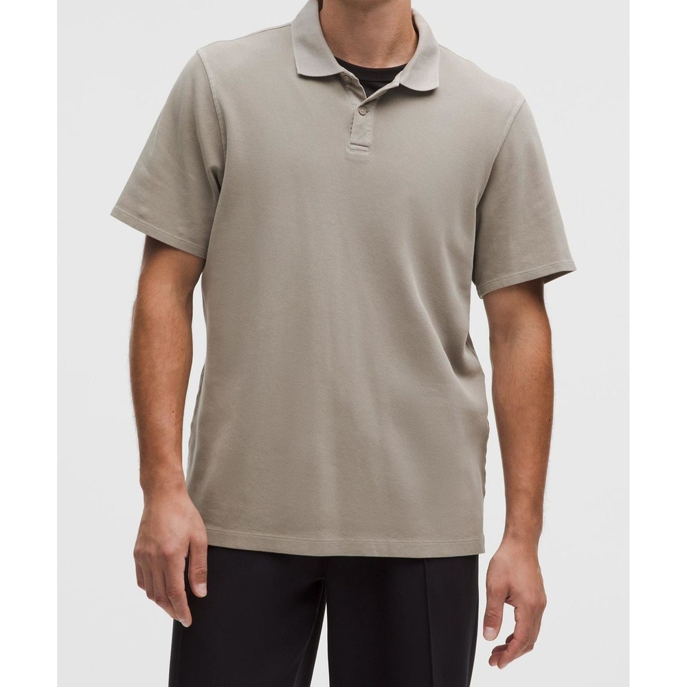 044-Lululemon-Men-Cotton Pique Short-Sleeve Polo Shirt-Warm Ash Grey